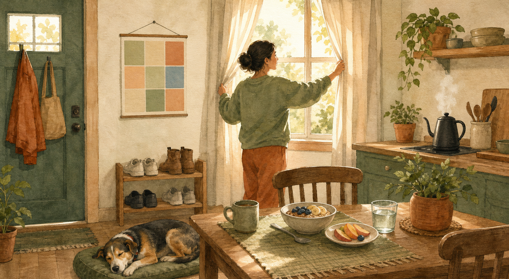 An adult opens the curtains in a calm home with breakfast on the table, shoes by the door, and a dog resting nearby.