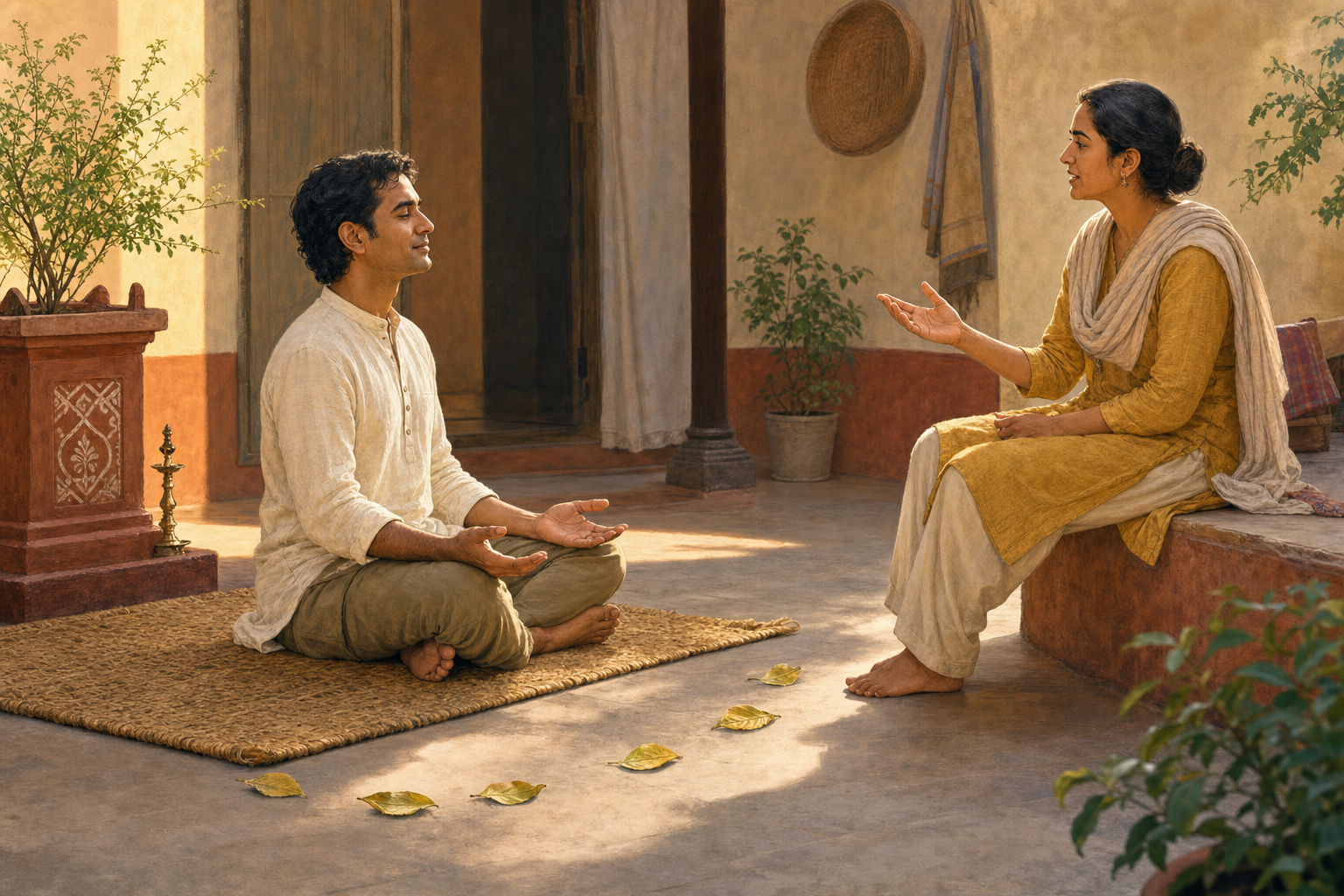 Two adults practice attentive conversation in a sunlit courtyard, maintaining open hands, a relaxed gaze, and respectful space between them.