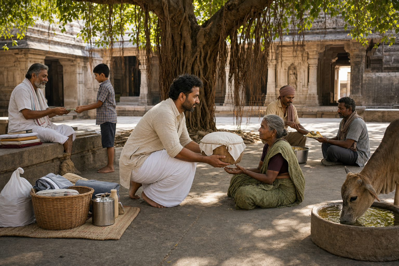 People give grain, fair payment, a meal, water, and practical supplies to different recipients in a temple courtyard.