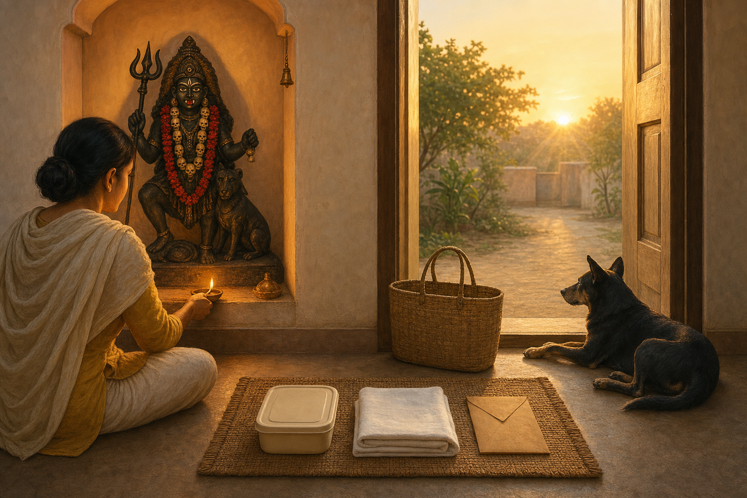 A devotee lights a lamp at a home shrine while preparing food, folded cloth, and an unmarked envelope for giving.