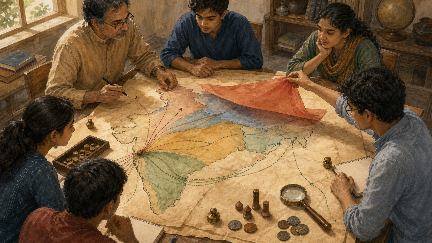 A teacher and students examine an unlabeled map of the Indian subcontinent covered with separate colored layers and route threads on a classroom table.