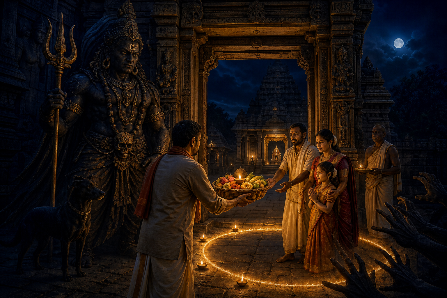 Bhairava guards a temple gateway as an offering passes from a giver to recipients beyond grasping hands held outside the lamplight.