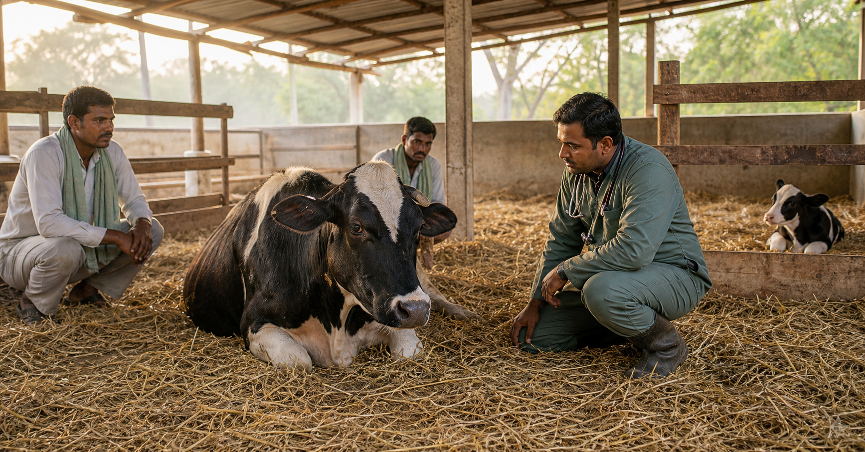 A veterinarian and two caregivers attend a weak recently calved cow resting upright on deep straw while her calf remains safely nearby.