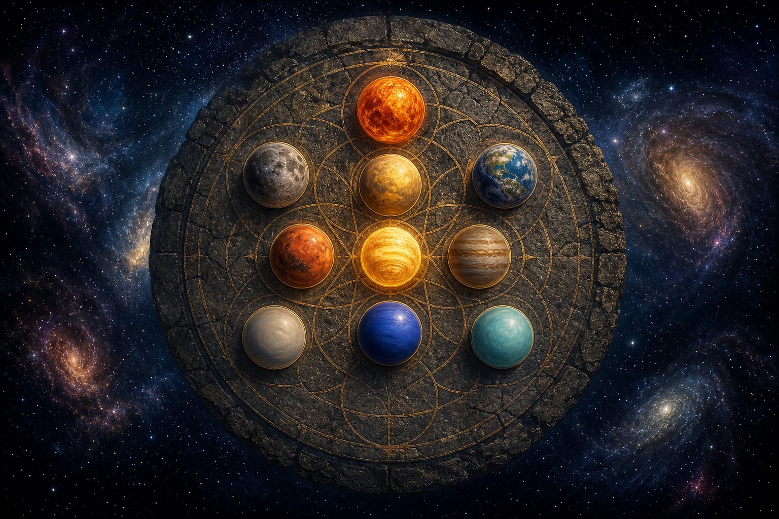 Nine glowing celestial spheres form a compact symmetrical pattern beneath a much larger star-filled sky.