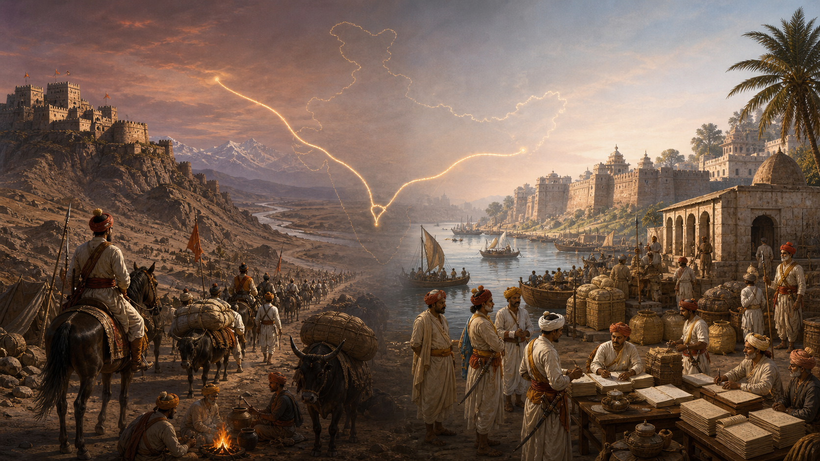 A split historical scene contrasts a Maratha expedition reaching a northwestern river fortress with officials and merchants operating around an eastern river city and fort.