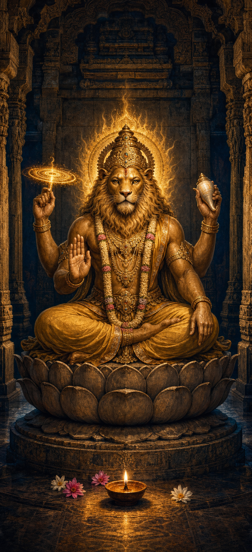 Serene lion-headed Nrisimha sits on a stone lotus pedestal in a lamp-lit temple, surrounded by a golden aura.
