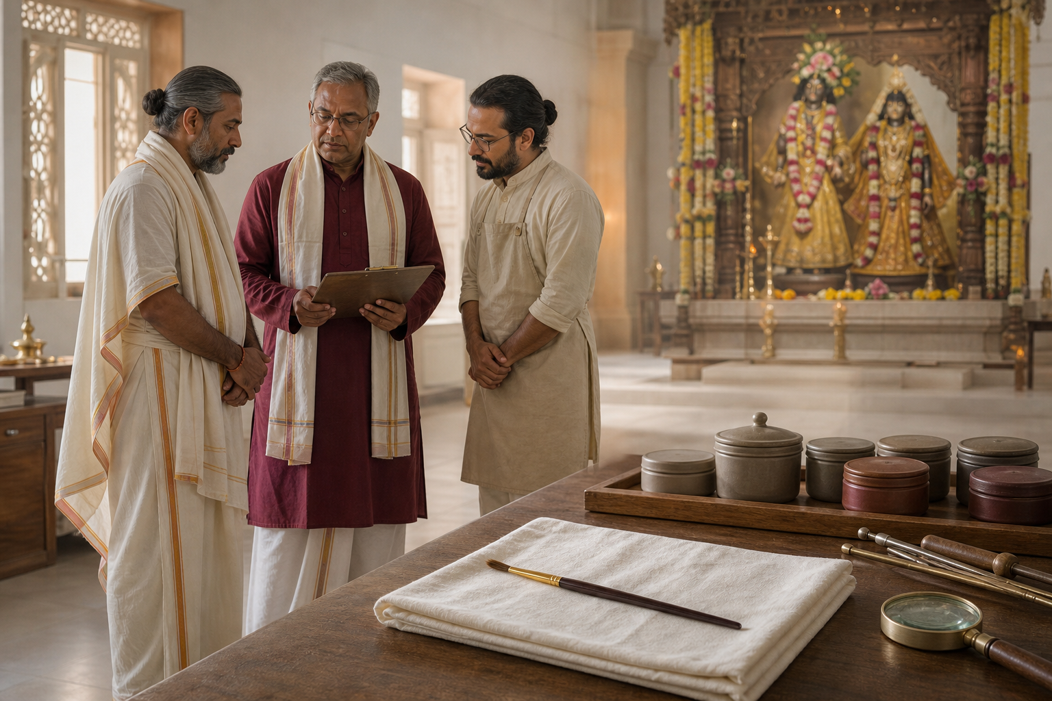 Three temple caretakers confer beside an unused paintbrush while dressed Radha-Krishna murtis stand on a flower-decorated altar in the background.