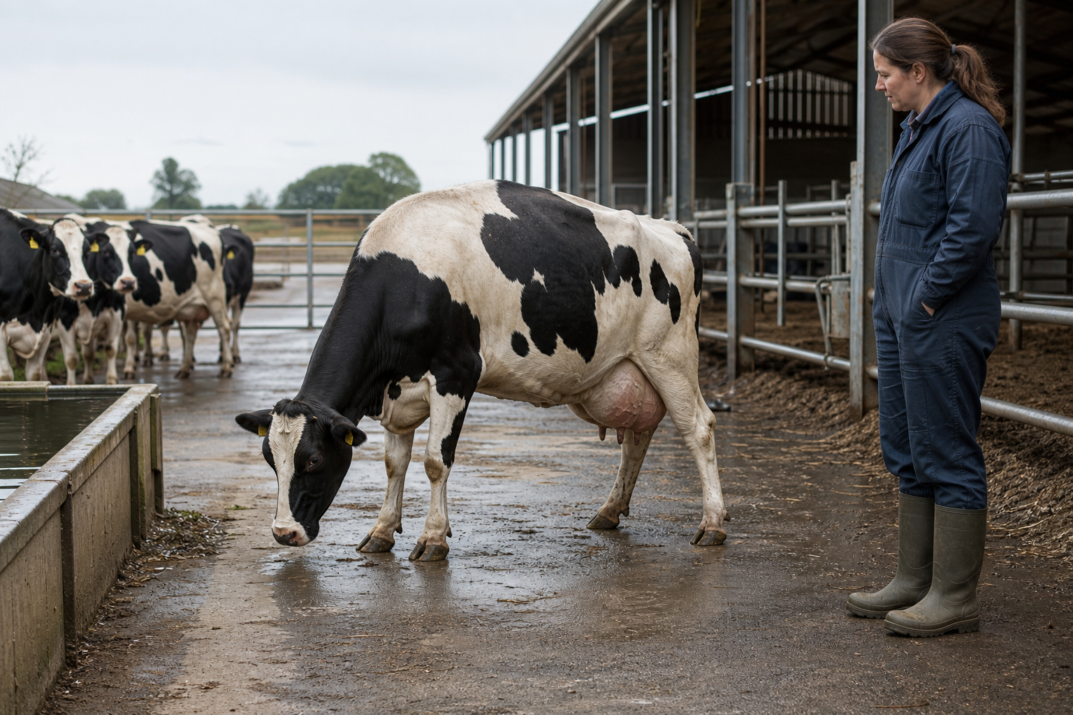 A recently calved cow stands weakly with her head low and hind legs braced as a caregiver observes her in a quiet barn.