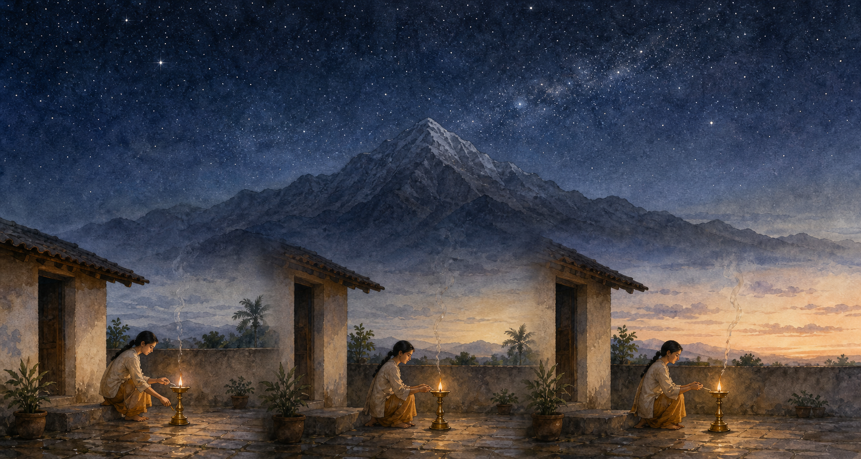 A steady mountain and starry sky overlook three dawn moments in which a householder repeatedly lights an oil lamp in the same courtyard.
