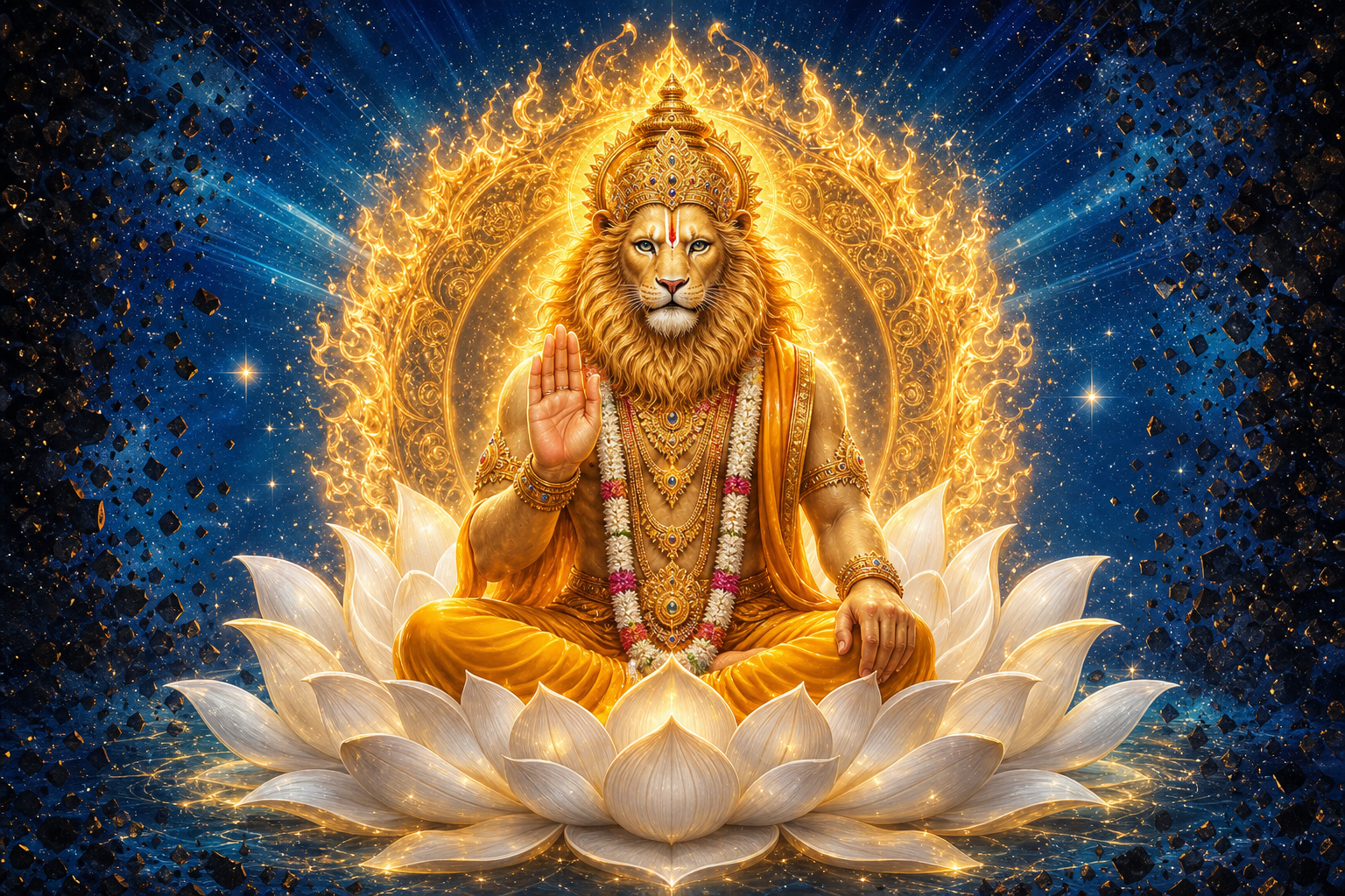 Nrisimha stands within concentric layers of golden flame, celestial light, a white lotus, and a dissolving dark veil.