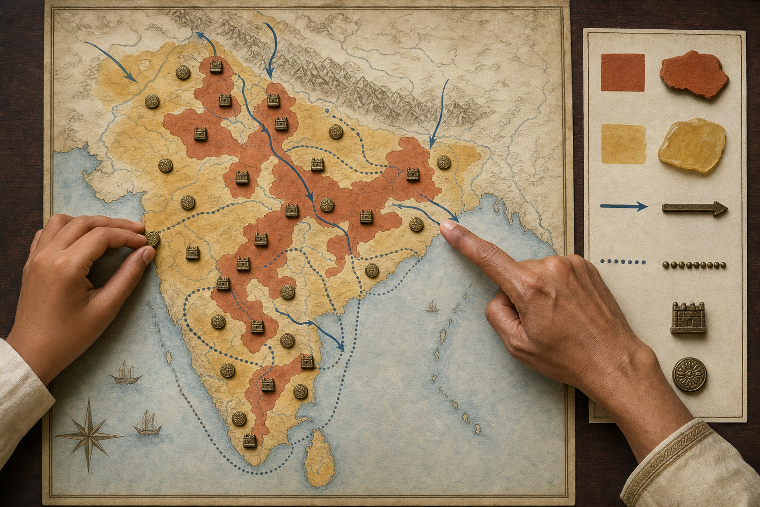 An unlabeled map of India uses colored areas, routes, fort tokens, and revenue markers to distinguish several forms of historical power.