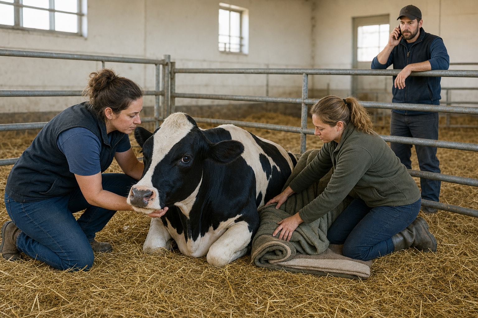 Three caregivers keep a down cow upright on her chest on deep bedding while protecting her airway and calling for veterinary help.