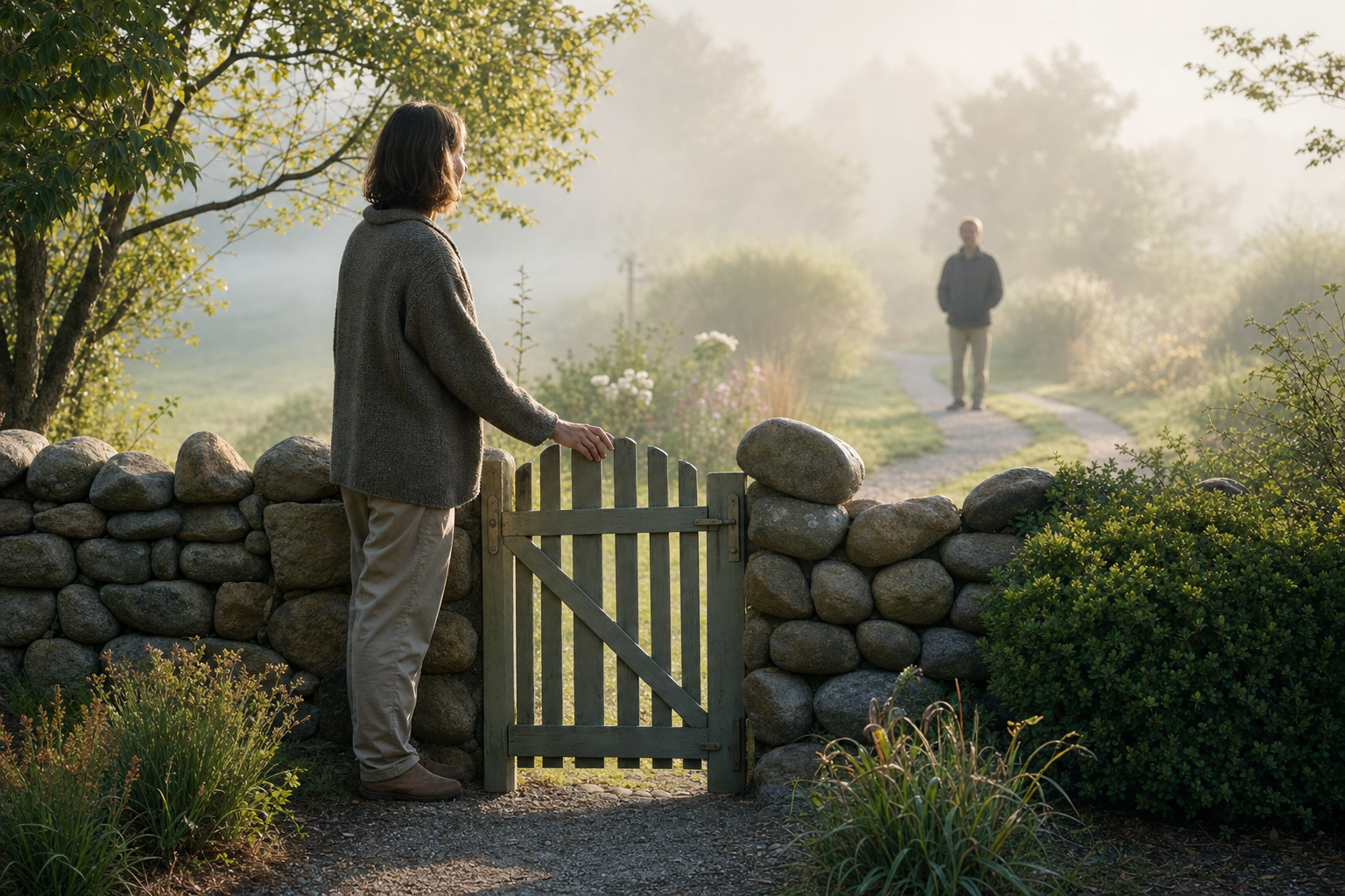 An adult calmly closes a small unlocked garden gate while another person stands farther away on the path.
