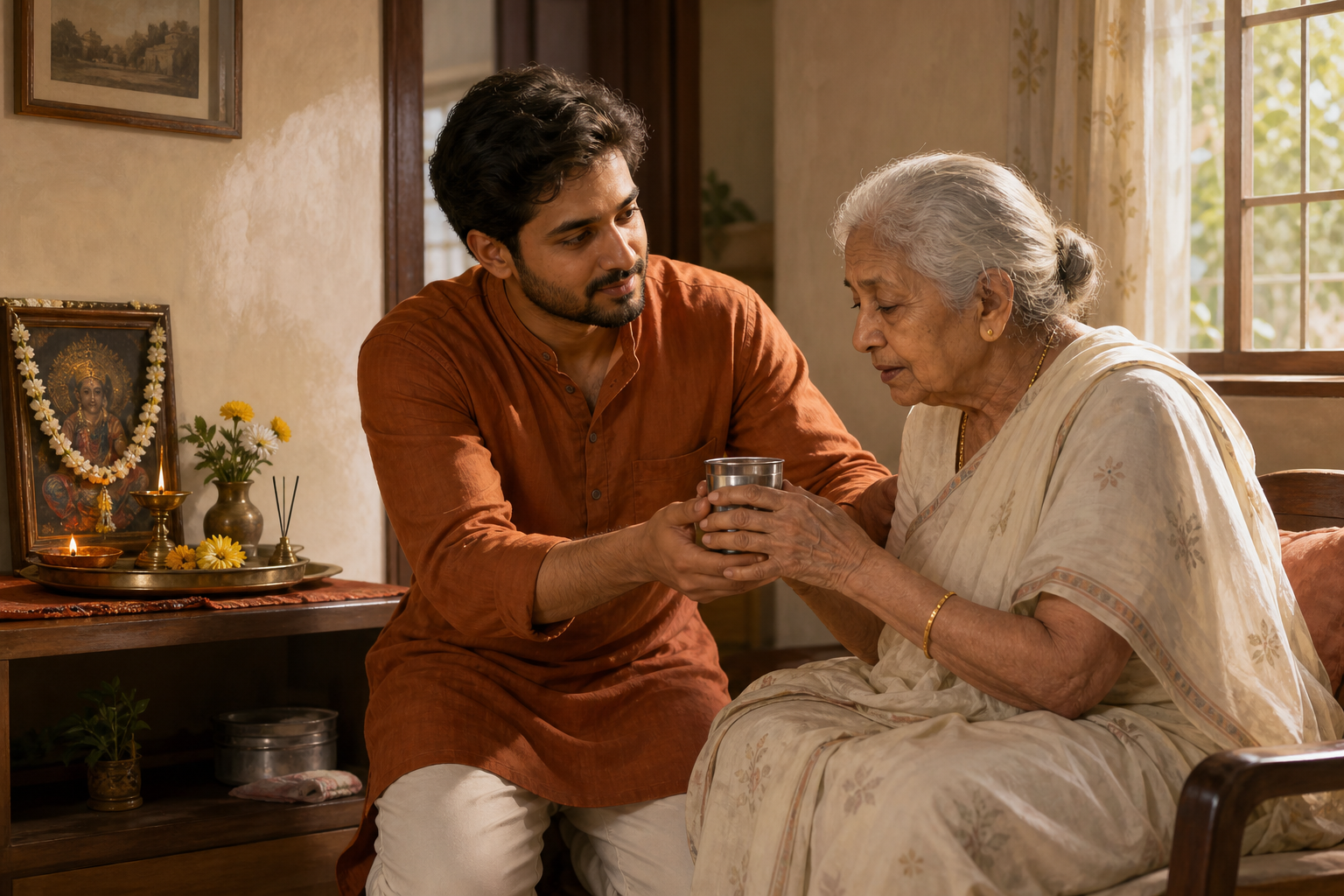 An adult pauses while arranging a worship tray to help an elderly family member hold a cup of water in a modest home.