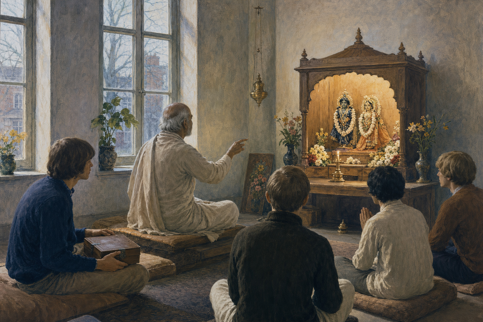 An elderly Vaishnava teacher gestures toward Radha-Krishna murtis while several disciples listen in a simple period temple room.
