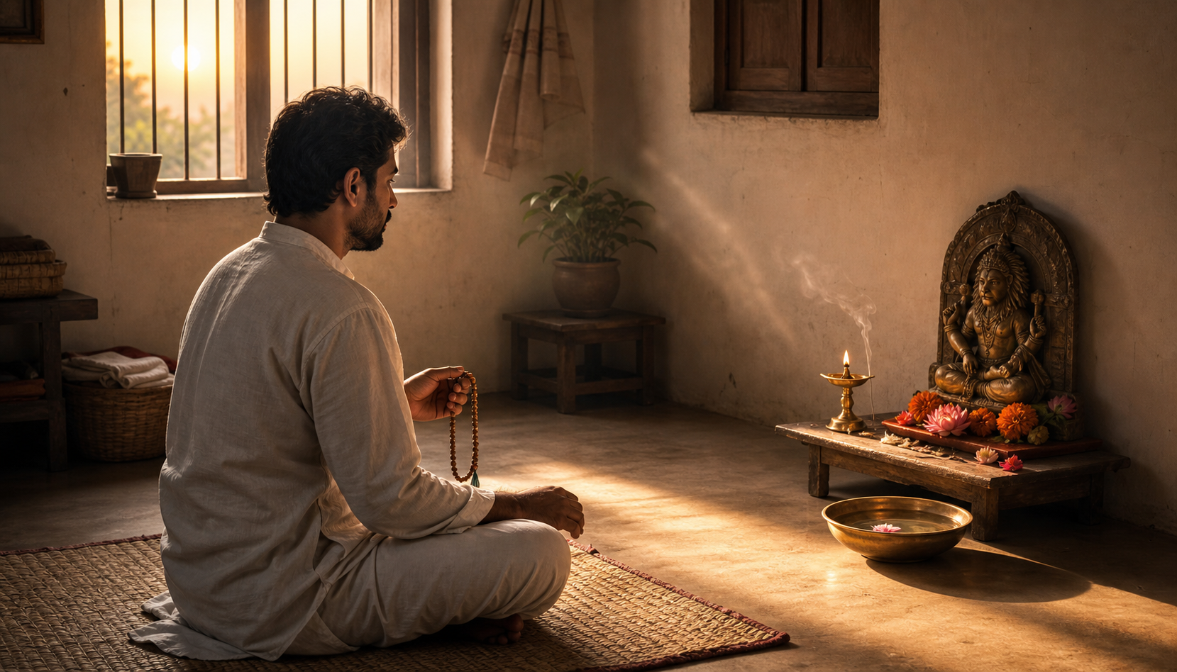 A seated practitioner uses wooden prayer beads while meditating before a small Nrisimha shrine at sunrise.