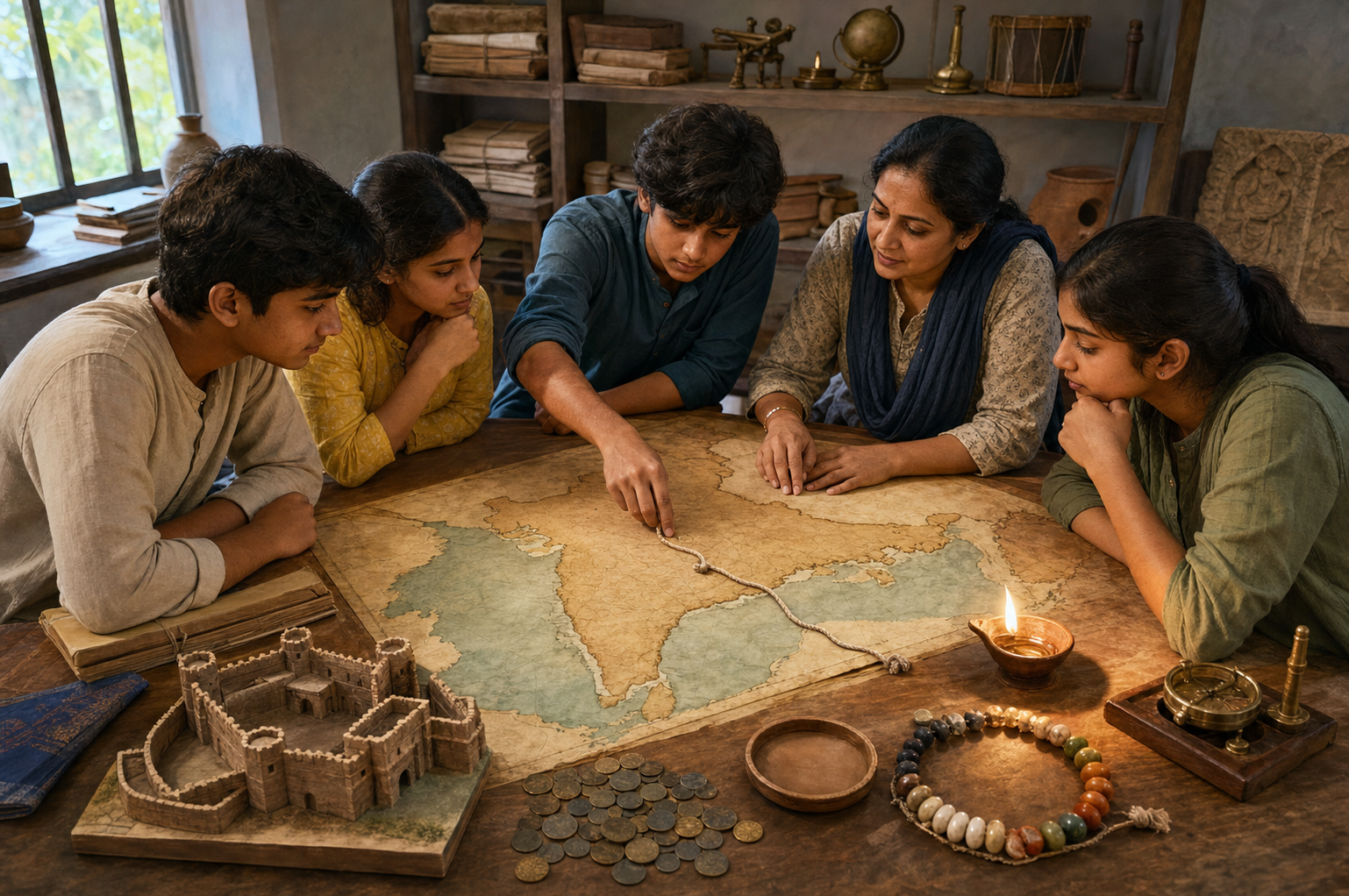 Students and a teacher compare an unlabeled map of India with fort, route, revenue, treaty, and time-related objects in a classroom.