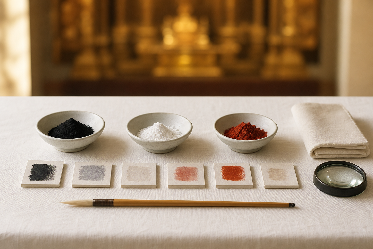 Bowls of black, white, and red pigment, an unused fine brush, test tiles, and a magnifying lens rest on a clean cloth-covered table.