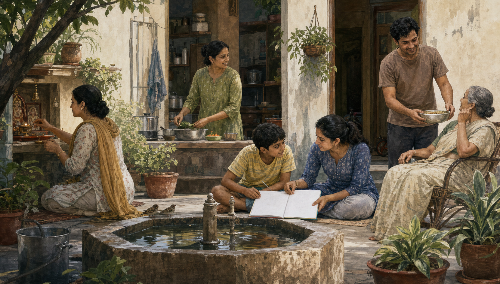 People in a neighborhood courtyard tend a small shrine, prepare food, help a child study, and bring a bowl to an older neighbor.