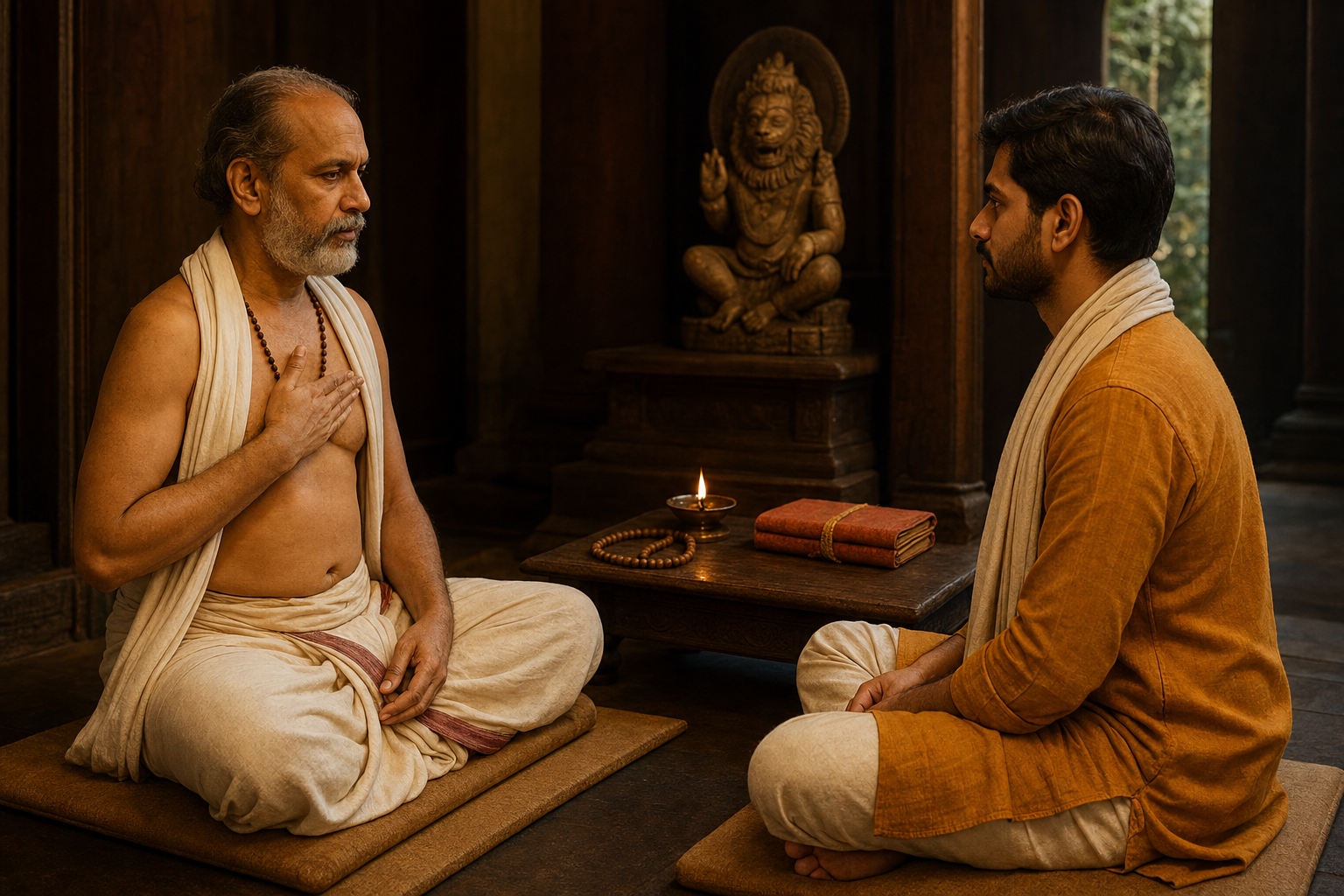 A seated teacher demonstrates a hand placement at the chest while a student observes beside a small Nrisimha altar.