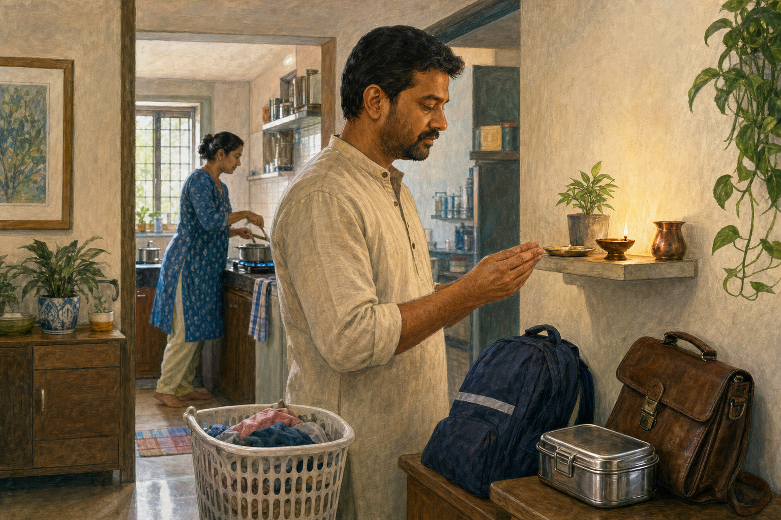 A householder pauses beside a small oil lamp in a busy apartment with breakfast, bags, and laundry prepared for the day.