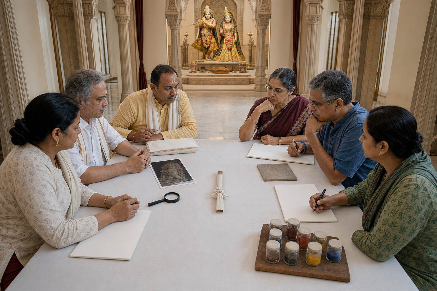 Six temple and conservation participants review photographs, material samples, and sealed pigments around a table with a wrapped paintbrush.