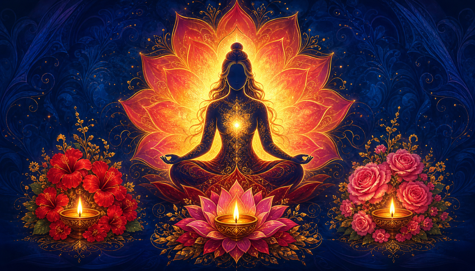 A radiant feminine sacred figure within a lotus halo, surrounded by three clusters of flowers and oil lamps.