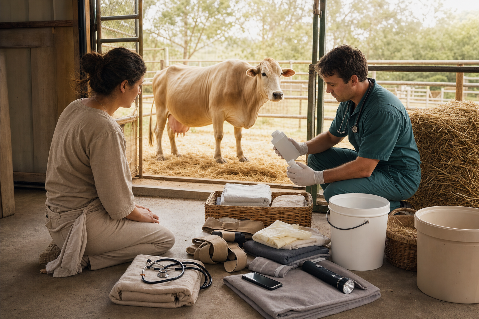 A caregiver and veterinarian organize unbranded emergency supplies beside a clean maternity pen where a pregnant cow stands calmly.