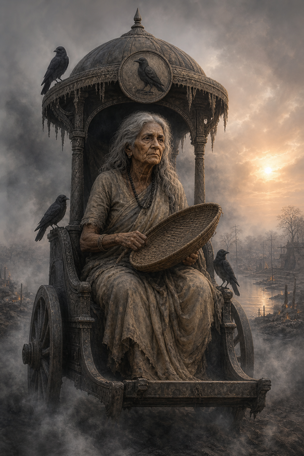 An elderly Dhumavati sits in a simple chariot with a winnowing basket as crows gather in a smoke-filled landscape.