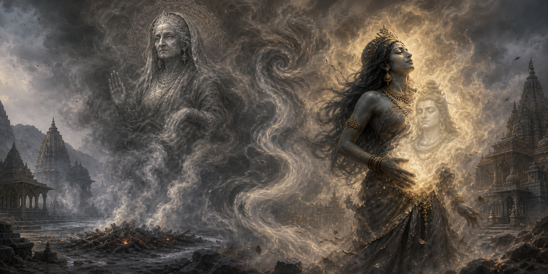 Two connected mythic scenes show a goddess forming from smoke after a sacred fire and a smoky divine figure with Shiva's silhouette visible within the haze.