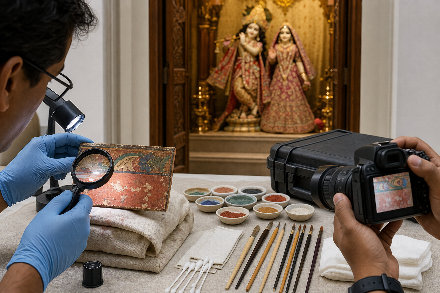 A sacred-art specialist examines a pigment test panel with a magnifier while clean tools are arranged nearby and Radha-Krishna murtis remain untouched in the background.