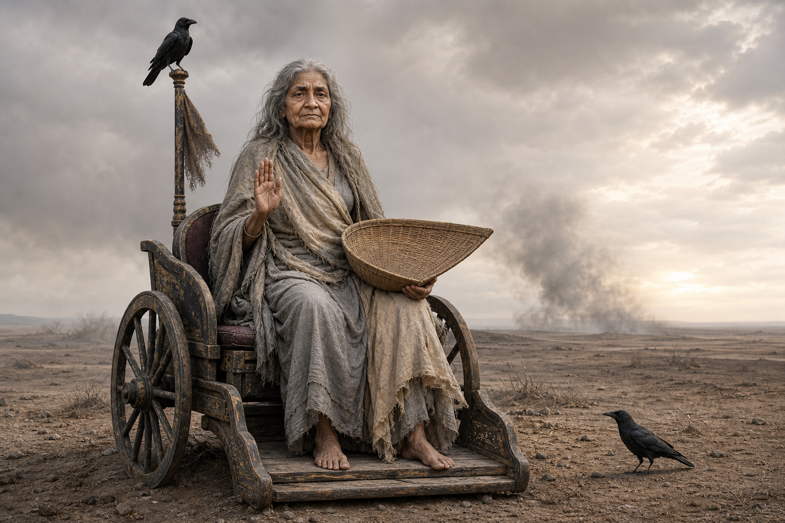 Dhumavati appears as an elderly goddess in plain garments, seated in a horseless chariot with a winnowing basket and crows.