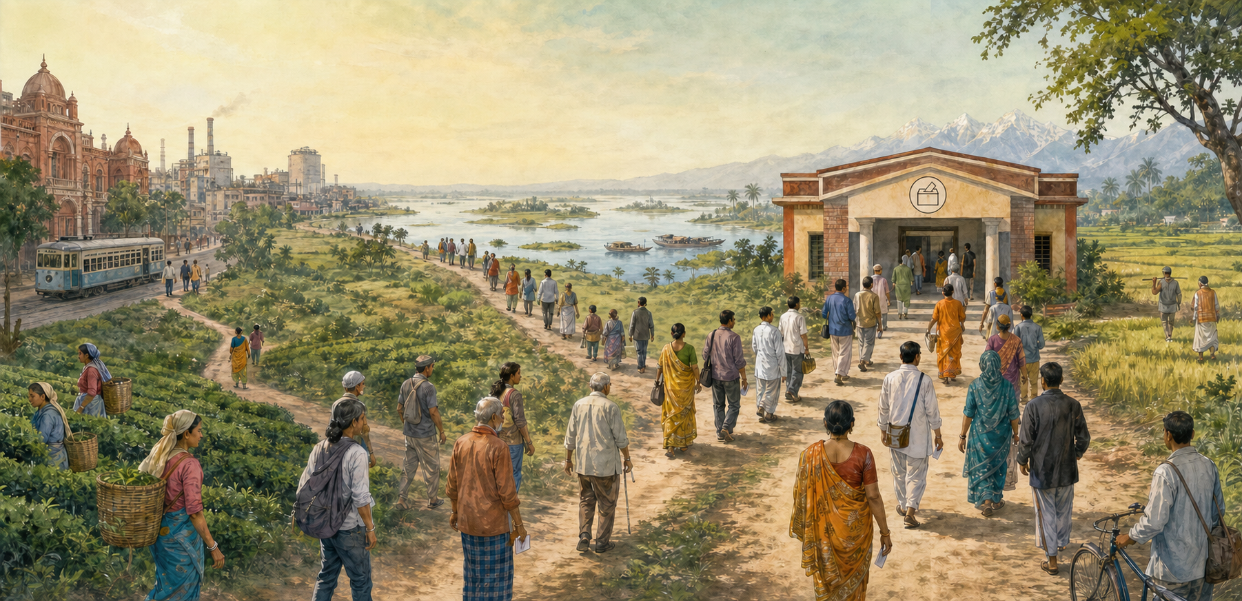 Voters from varied urban and rural settings in West Bengal follow several paths toward a polling station.