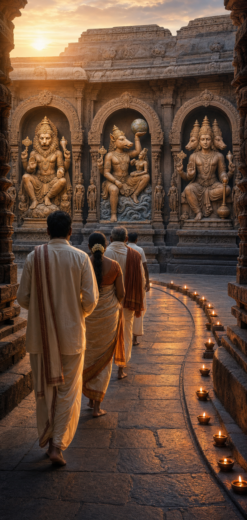 Pilgrims approach a dawn-lit stone temple with sculptural niches depicting Narasimha, Varaha, and the multi-faced Vaikuntha form of Vishnu.