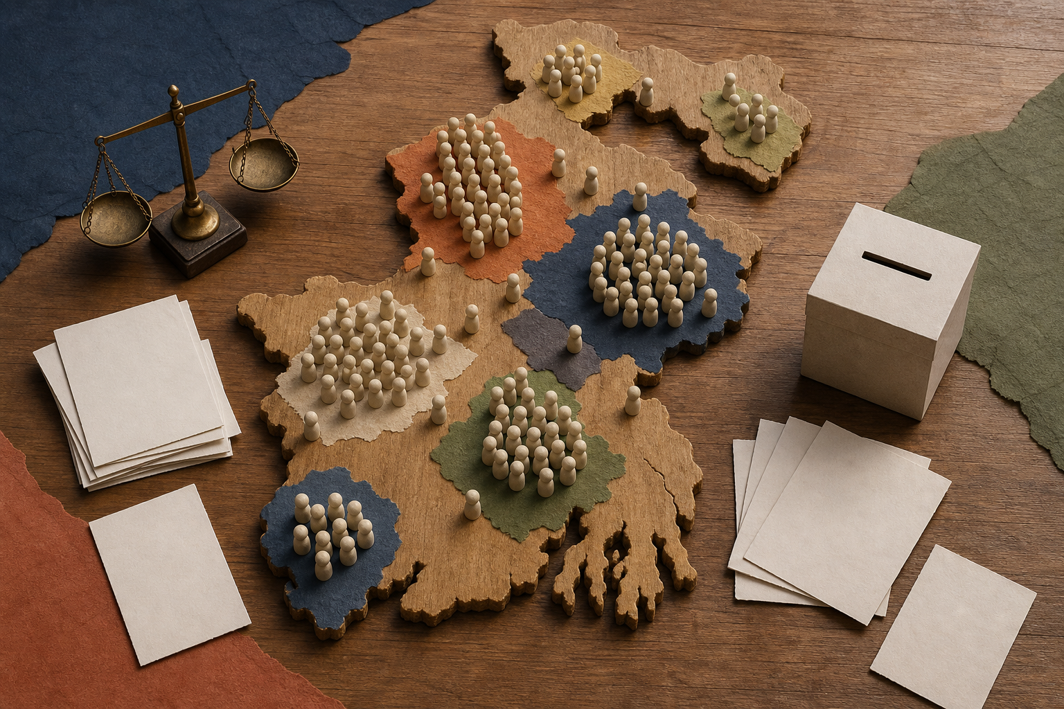 Neutral voter tokens form several clusters on a West Bengal-shaped tabletop beside blank ballots and a balance scale.