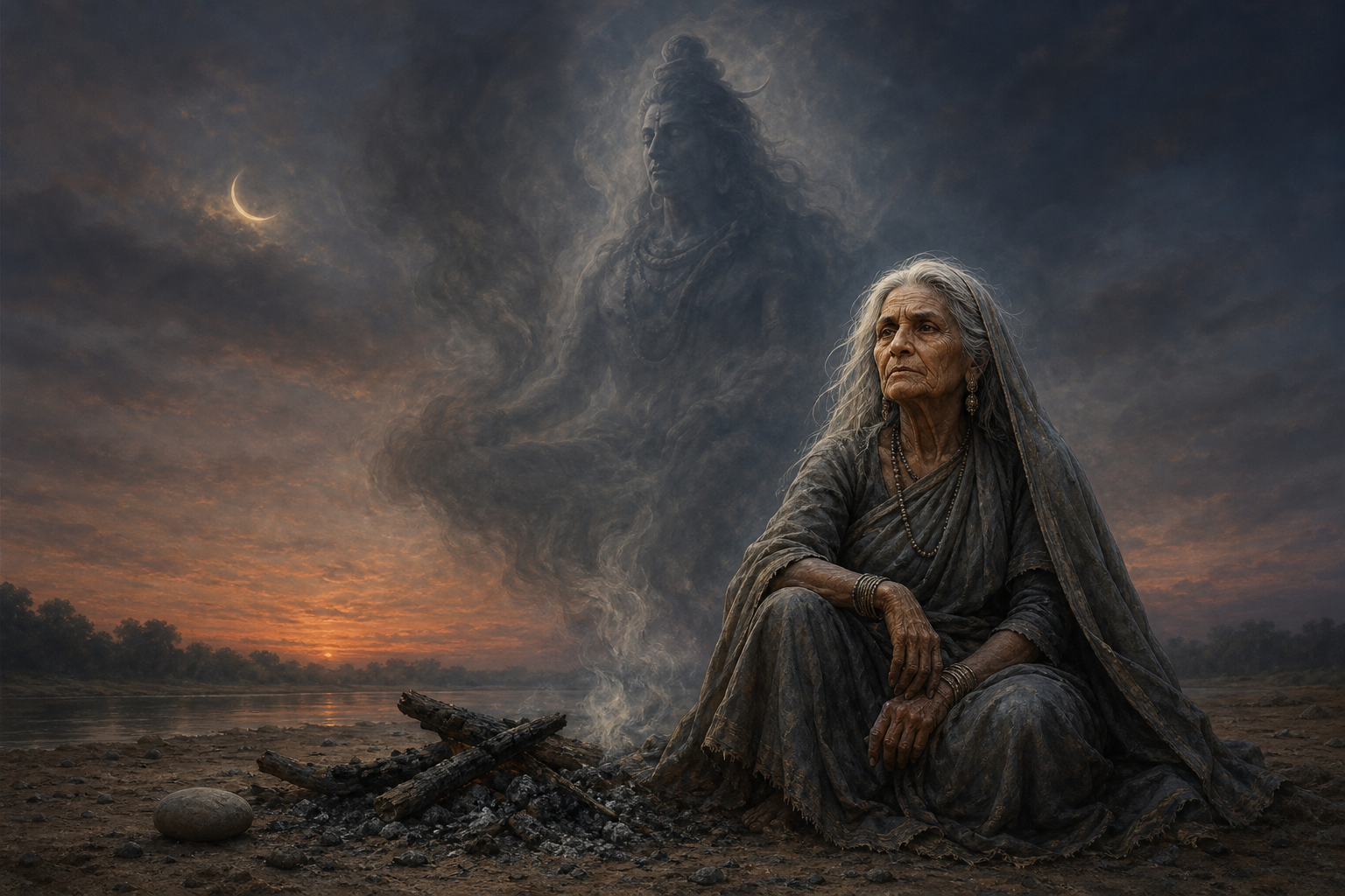 Dhumavati sits beside an extinguished fire while rising smoke forms a subtle meditating presence of Shiva behind her.