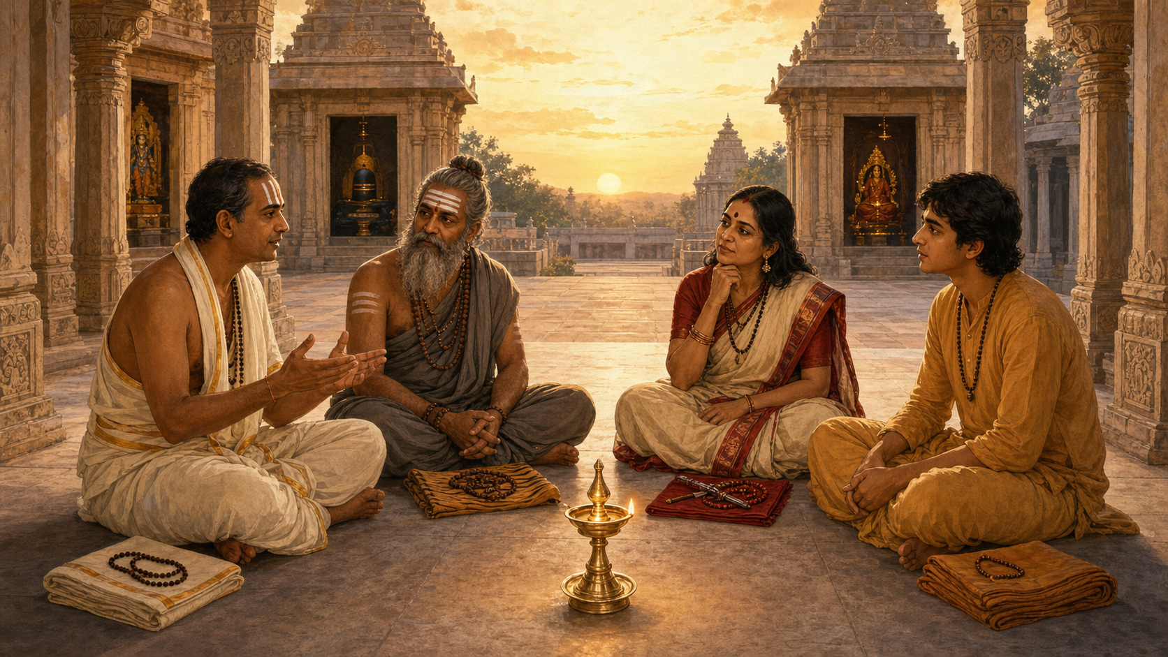 Four Hindu practitioners with different sectarian markings sit in conversation around a brass oil lamp in a sandstone temple courtyard.