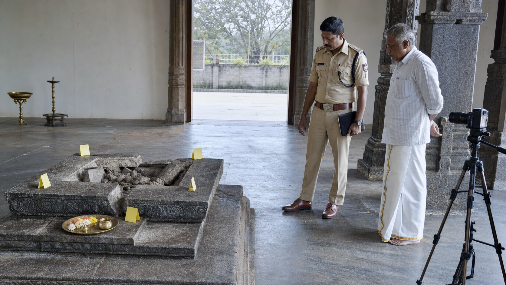 An officer and a shrine committee member document a disturbed pedestal area while the sanctum remains screened from view.