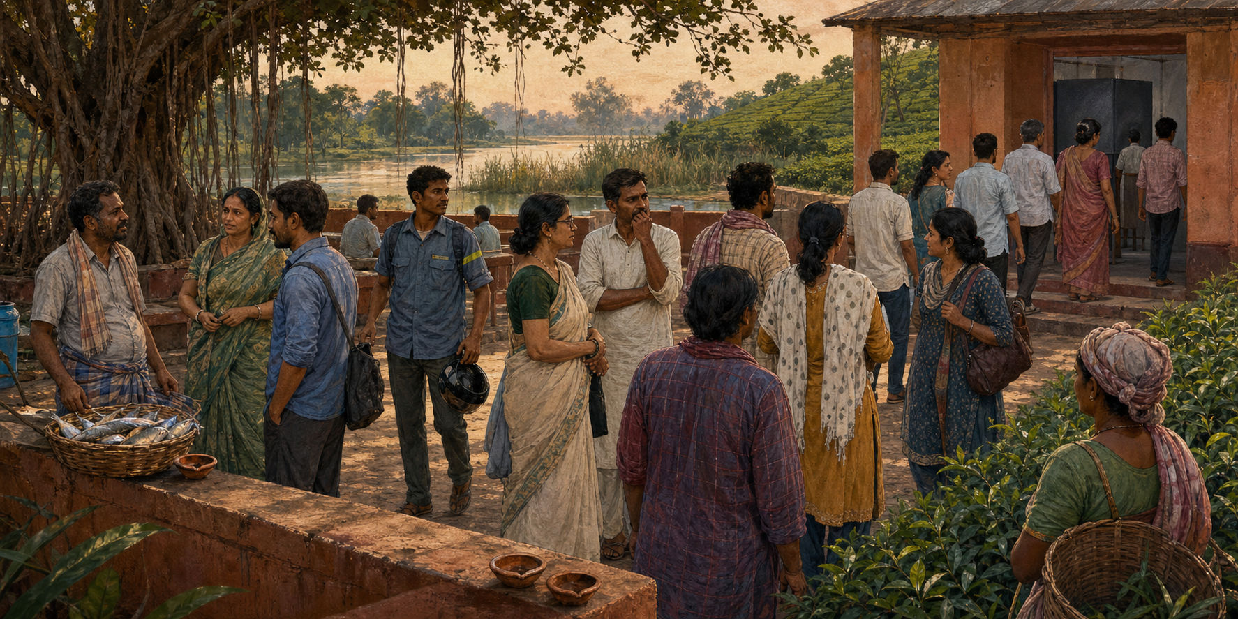 Bengali voters of different ages and occupations gather in a courtyard and move toward a polling booth.