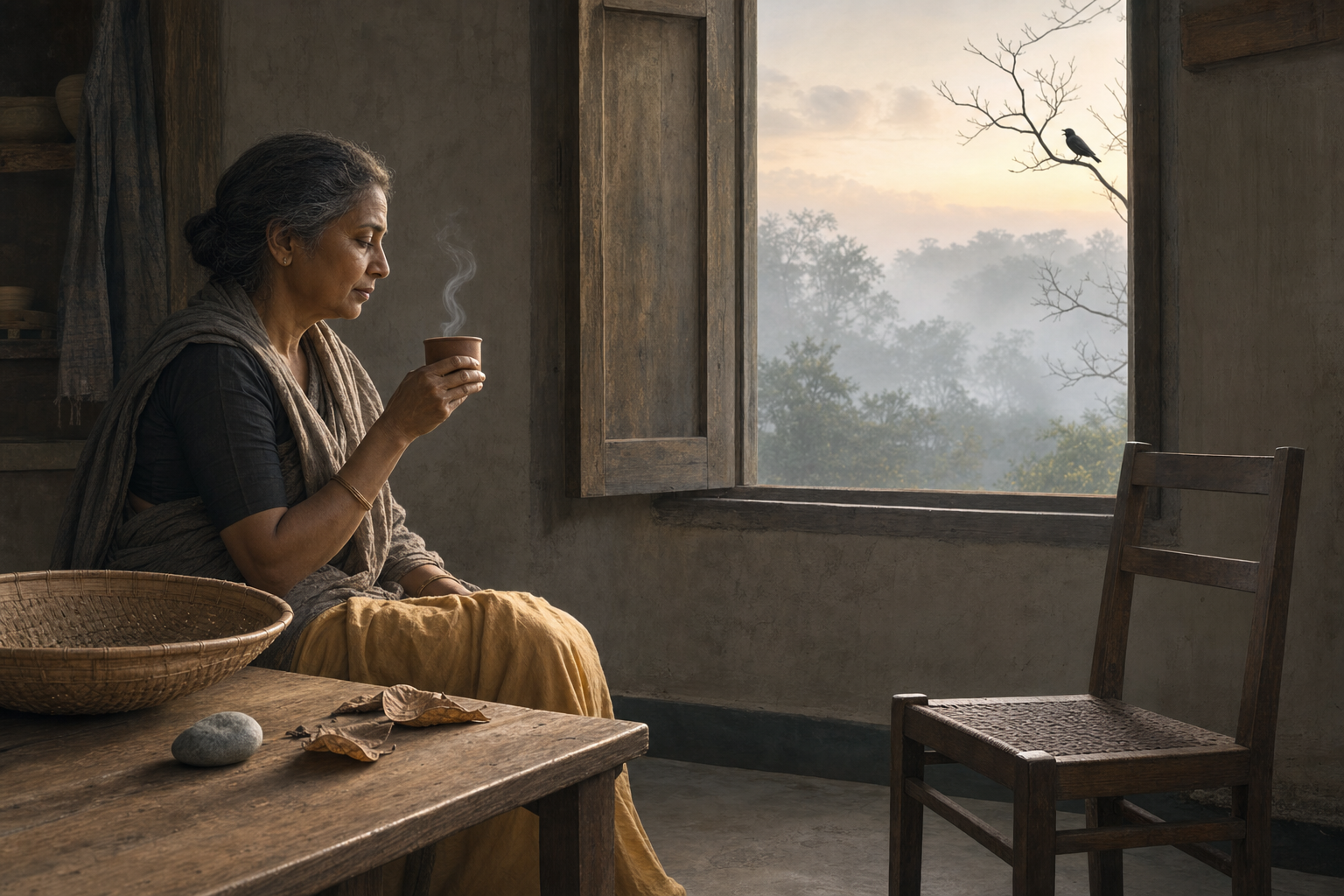 An older woman quietly watches steam rise from an earthen cup beside an empty chair while a crow perches outside the window.