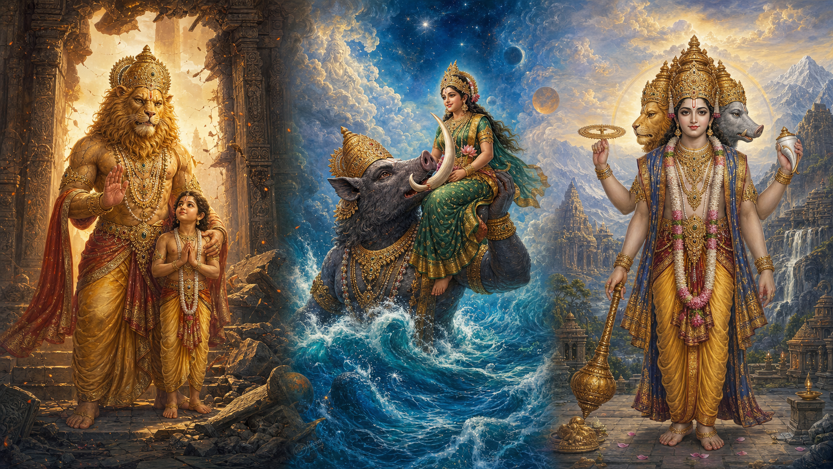 Three-part illustration shows Narasimha protecting Prahlada, Varaha raising Bhudevi from cosmic waters, and multi-faced Vaikuntha Vishnu standing with divine attributes.