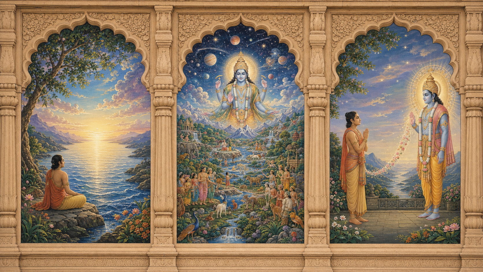 Three illustrated alcoves show an unbroken luminous expanse, a divine figure containing a varied cosmos, and a worshipper facing a distinct divine figure.