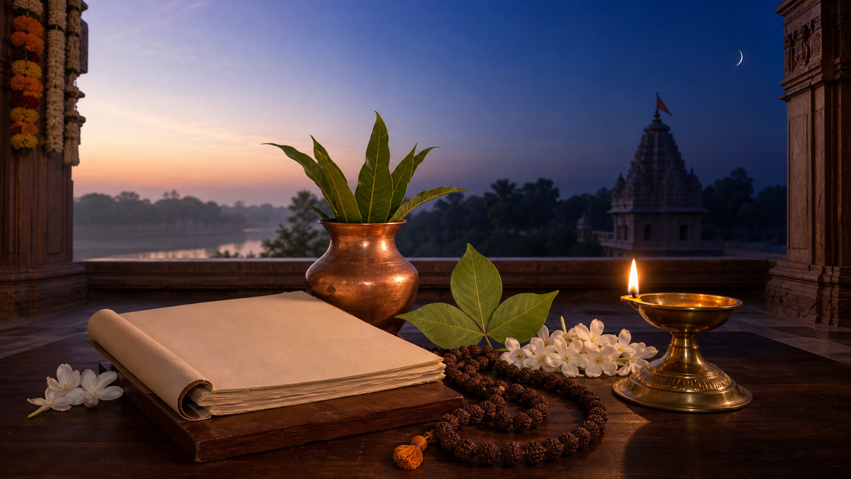 Brass worship objects, bilva leaves, jasmine and rudraksha beads arranged on a wooden altar against a sky transitioning from dawn to twilight.
