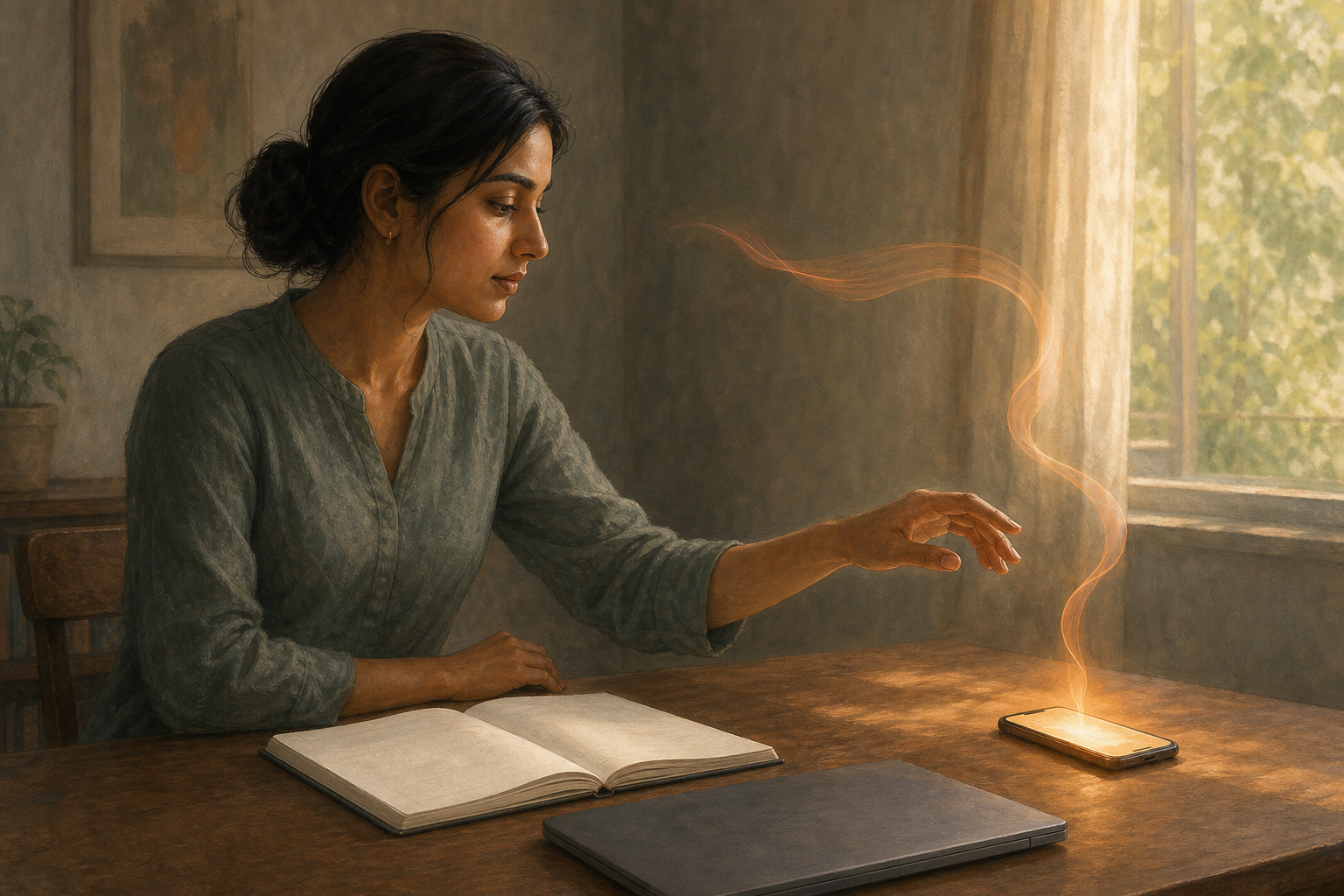 A woman at a desk pauses her hand before reaching for a glowing smartphone and observes the impulse calmly.