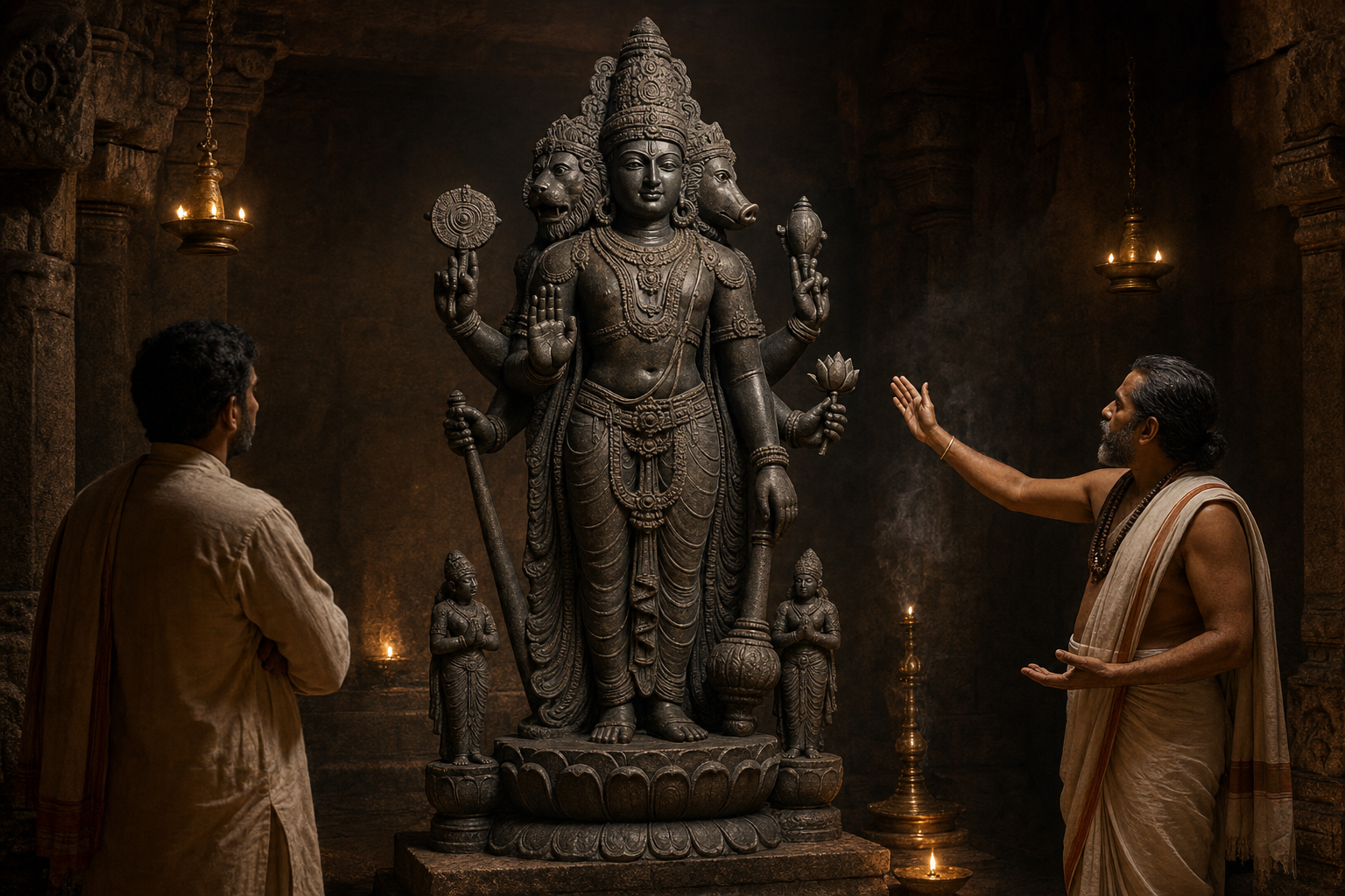 A pilgrim and temple guide examine the faces, arms, attributes, posture, attendants, and pedestal of a multi-faced Vishnu murti by lamplight.