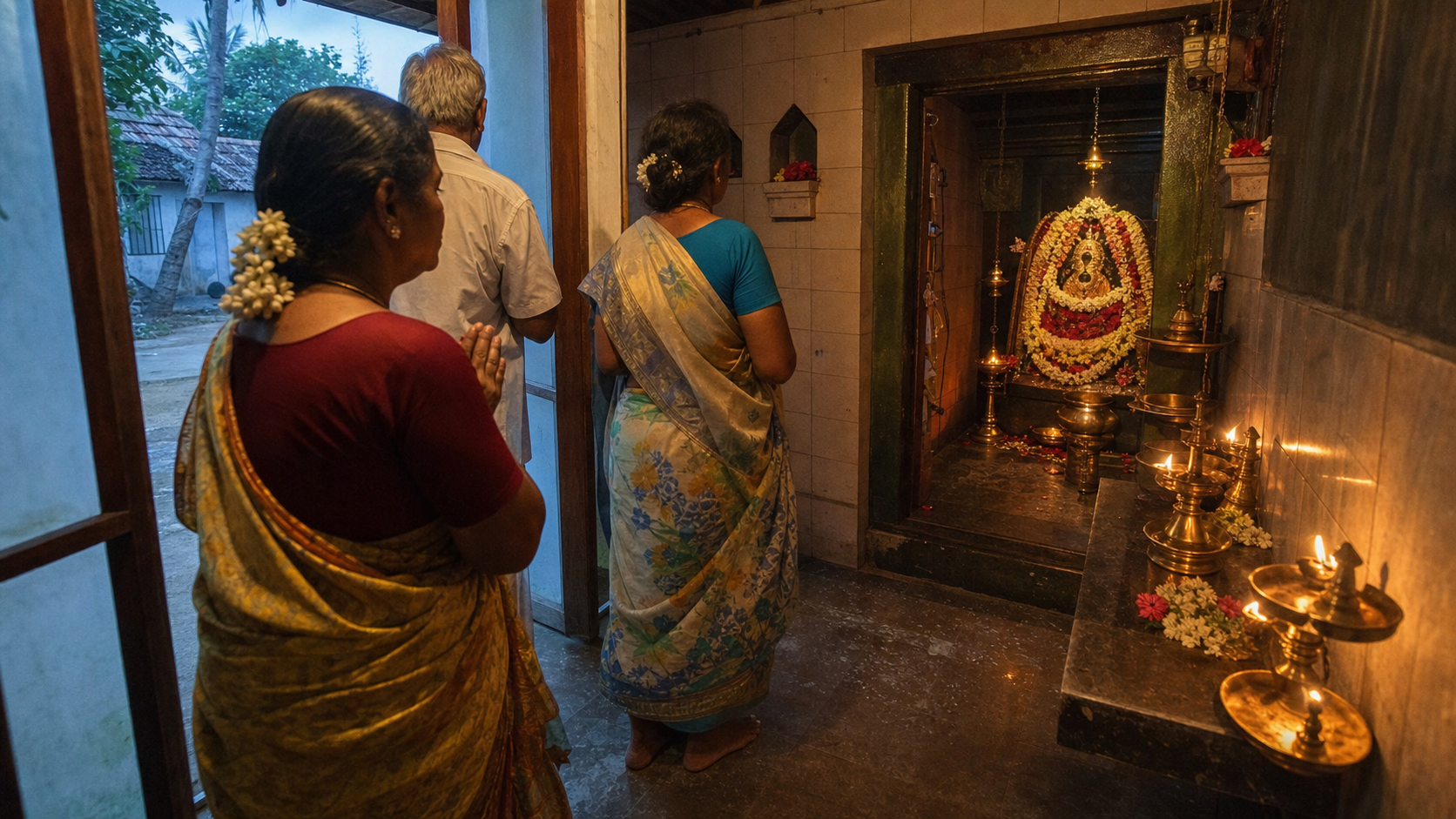 Barefoot pilgrims enter a modest South Indian house-temple where oil lamps and flower offerings illuminate a small goddess altar.