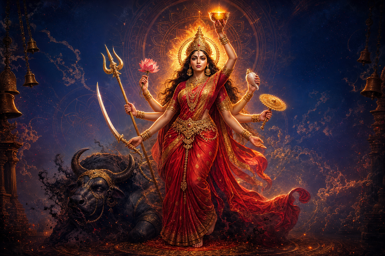 Ugra Chandika as Devi Shakti with sacred weapons, halo, and subdued buffalo demon on a cosmic battlefield