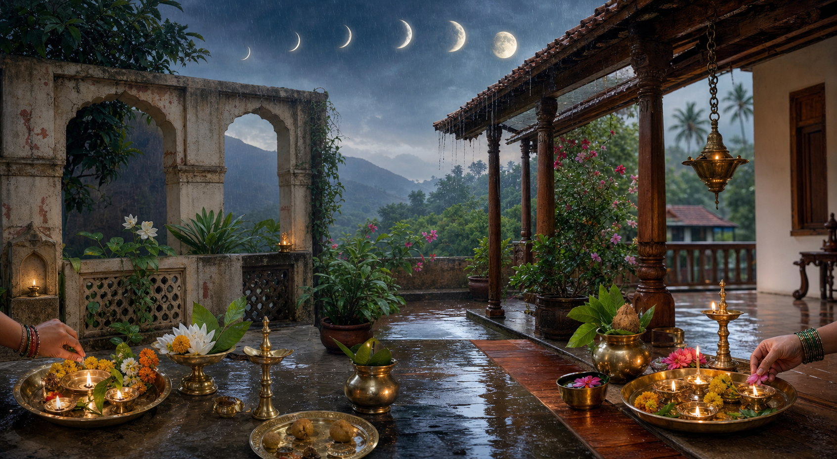 Two regionally distinct household prayer spaces beneath the same monsoon sky, with lamps, flowers and lunar imagery suggesting different Shravan calendars.