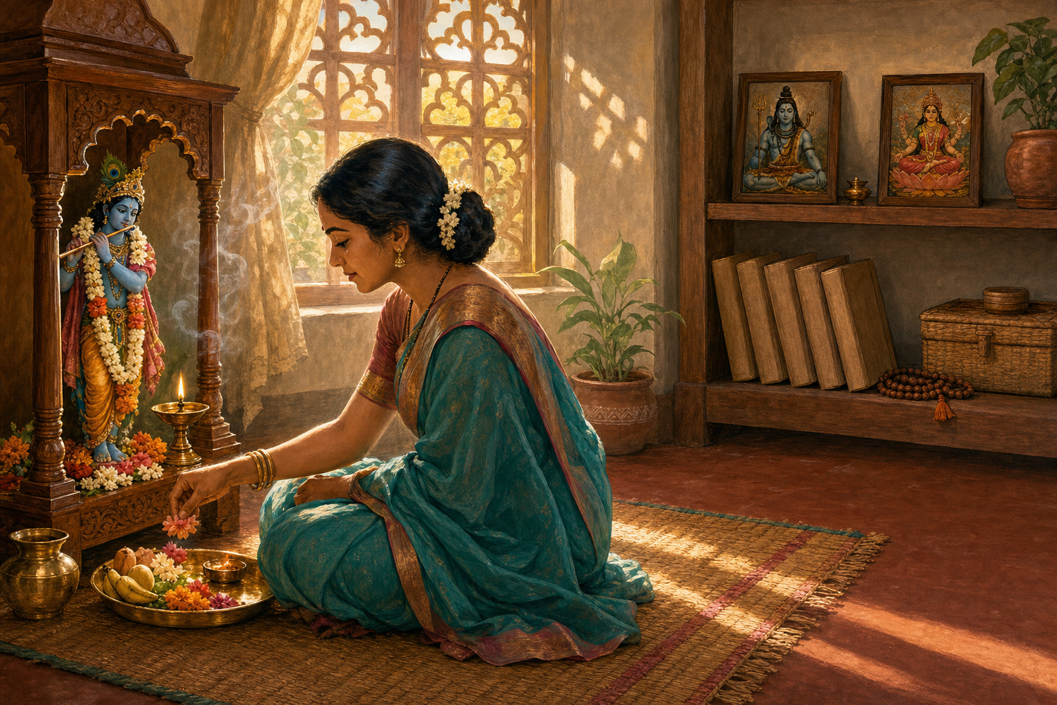 A woman offers flowers at a small Krishna shrine while separate framed images of Shiva and Devi and closed books rest on a study shelf.