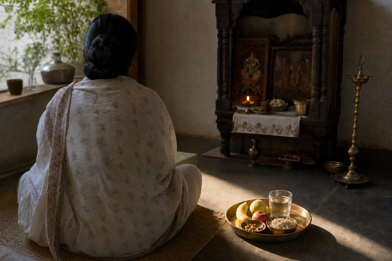 A devotee sits near a home shrine at sunrise with water, fruit and a simple meal arranged on a brass plate for parana.